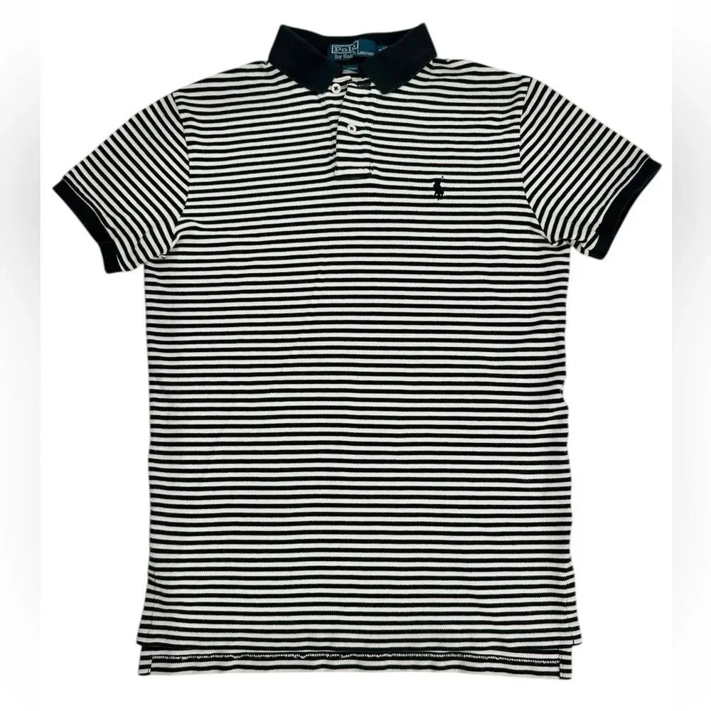 Polo by Ralph Lauren Custom Fit Navy Blue White Striped 100% Cotton Mens Medium